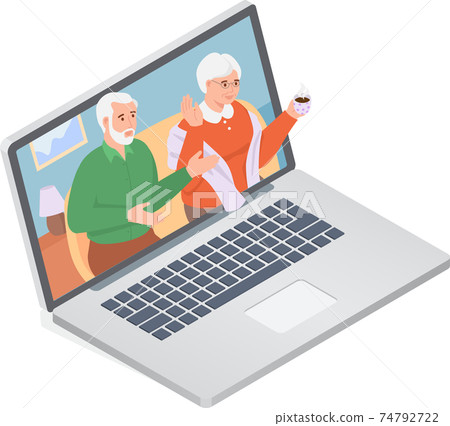 Video call with parents. Online family chat. Couple of seniors online training remotely in webinar Video call with parents. Online family chat. Couple of seniors online training remotely in webinar 74792722