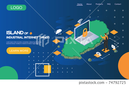 Industrial internet of things landing page template with opened laptop and closed padlock symbol Industrial internet of things landing page template with opened laptop and closed padlock symbol 74792725
