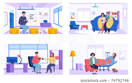 Set of illustrations about treatment outside home. People take medication at work and in hospital 74792746