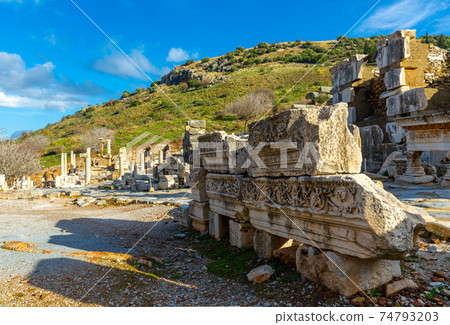 Ruins of central street of Curetes in Ephesus, Selcuk, Turkey 74793203