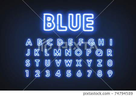 Blue neon capital letters and numbers, helium lighting font Blue neon capital letters and numbers, helium lighting font 74794589