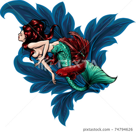 Beauty blue haired siren mermaid vector illustration 74794626