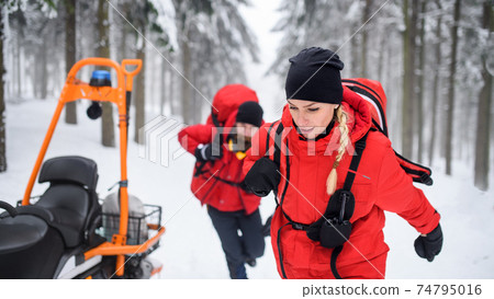 Paramedics from mountain rescue service provide operation outdoors in winter in forest. 74795016