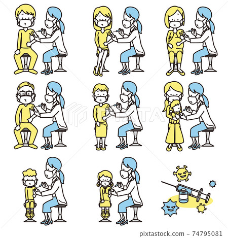 Illustration set of a masked person receiving a female teacher's vaccine (vaccination) at a hospital Illustration set of a masked person receiving a female teacher's vaccine (vaccination) at a hospital 74795081