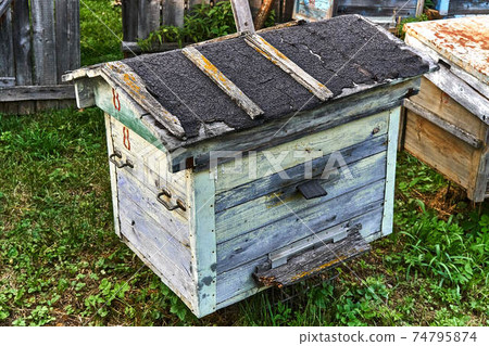 Old empty beehive in the garden near the fence 74795874