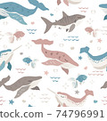 cute whales, shark and norwhal vector seamless pattern on white background  74796991