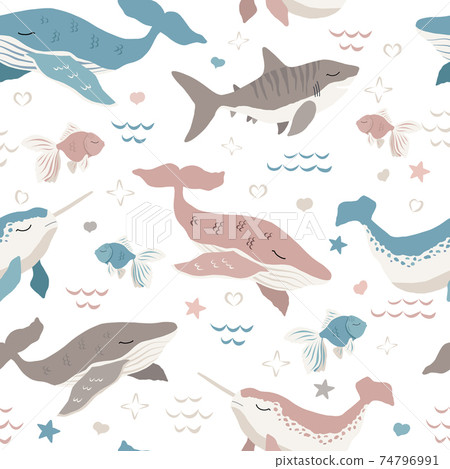 cute whales, shark and norwhal vector seamless pattern on white background cute whales, shark and norwhal vector seamless pattern on white background 74796991