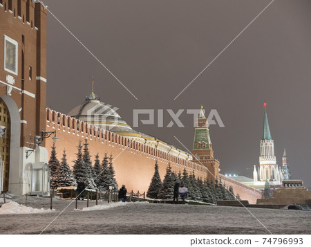Spasskaya Tower of Moscow Kremlin at Red Square in winter Moscow Russia Spasskaya Tower of Moscow Kremlin at Red Square in winter Moscow Russia 74796993