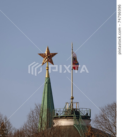 MOSCOW , RUSSIA, June 10, 2019: Ruby star on the spire of the Spasskaya Tower of the Moscow Kremlin on June 10, 2019 in Moscow, Russia MOSCOW , RUSSIA, June 10, 2019: Ruby star on the spire of the Spasskaya Tower of the Moscow Kremlin on June 10, 2019 in Moscow, Russia 74796996