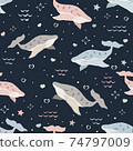 cute whales seamless pattern on dark background  74797009