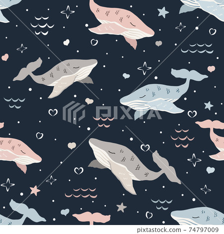 cute whales seamless pattern on dark background - Stock Illustration ...
