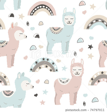 Cute alpaca seamless pattern - Stock Illustration [74797011] - PIXTA