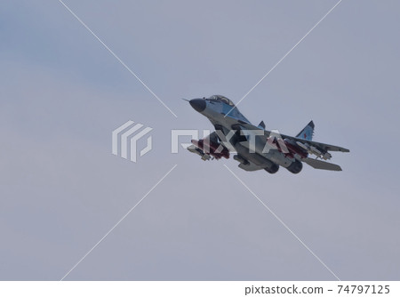 Moscow Russia Zhukovsky Airfield 31 August 2019: aerobatic team swifts MiG-35 perfoming demonstration flight of the international aerospace salon MAKS-2019 Moscow Russia Zhukovsky Airfield 31 August 2019: aerobatic team swifts MiG-35 perfoming demonstration flight of the international aerospace salon MAKS-2019 74797125