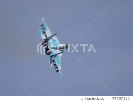 Moscow Russia Zhukovsky Airfield 31 August 2019: aerobatic team swifts MiG-35 perfoming demonstration flight of the international aerospace salon MAKS-2019 Moscow Russia Zhukovsky Airfield 31 August 2019: aerobatic team swifts MiG-35 perfoming demonstration flight of the international aerospace salon MAKS-2019 74797133