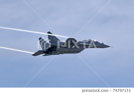 Moscow Russia Zhukovsky Airfield 31 August 2019: aerobatic team swifts MiG-29 perfoming demonstration flight of the international aerospace salon MAKS-2019 Moscow Russia Zhukovsky Airfield 31 August 2019: aerobatic team swifts MiG-29 perfoming demonstration flight of the international aerospace salon MAKS-2019 74797151