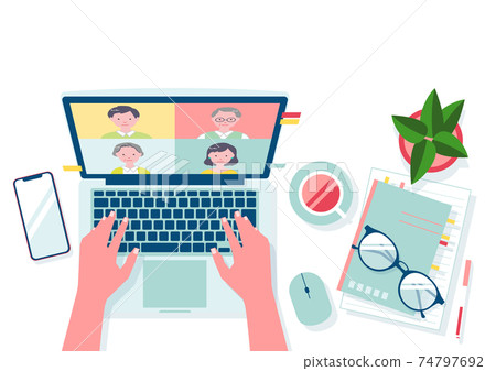 矢量圖的遠程辦公期間與副本空間從上方看辦公桌 74797692