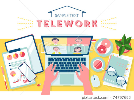 Vector illustration of work desk during telework seen from above with copy space 74797693