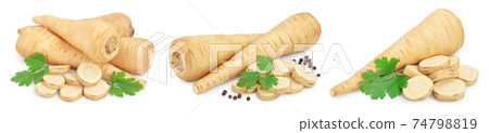 Parsnip root and slices with parsley isolated on white background closeup, Set or collection 74798819