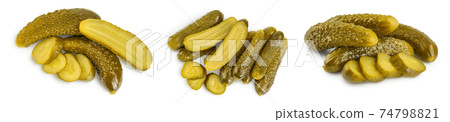 Marinated pickled cucumber isolated on white background with full depth of field. Set or collection 74798821