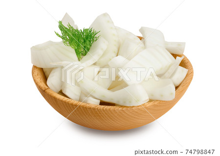 fresh fennel bulb slices in wooden bowl isolated on white background with clipping path and full depth of field 74798847