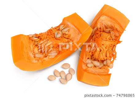 butternut squash piece isolated on white background with clipping path and full depth of field. Top view. Flat lay butternut squash piece isolated on white background with clipping path and full depth of field. Top view. Flat lay 74798865