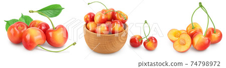 yellow-red sweet cherry isolated on white background with full depth of field, Set or collection 74798972