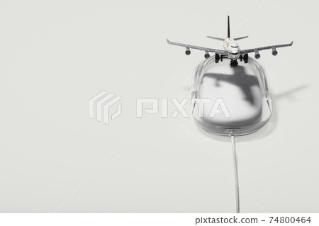 Jumbo jet on apple macintosh computer mouse, digital composite Jumbo jet on apple macintosh computer mouse, digital composite 74800464