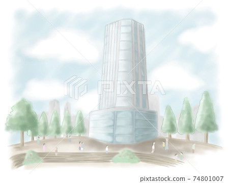 以公寓為中心的鬱鬱蔥蔥的城市景觀的手繪水彩插圖 以公寓為中心的鬱鬱蔥蔥的城市景觀的手繪水彩插圖 74801007