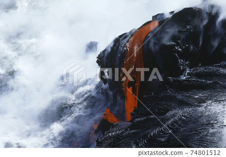 USA, Hawaii, Big Island, Volcanos National Park, cooling lava and surf 74801512