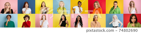 Collage of faces of emotional people on multicolored backgrounds. Expressive male and female models, multiethnic group, bright colors combination 74802690