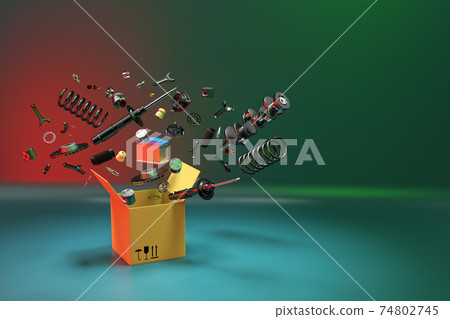 Many spare parts flying out of the box gray background. Isolated auto spare parts on gray background. 3D rendering 74802745