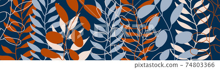 Natural background with colored leaves. Banner textured with dots with place for text. Modern flat design for packaging, advertising, congratulations, social networks. Vector 74803366