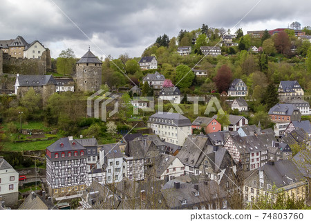view of Monschau and castle from hill, Germany view of Monschau and castle from hill, Germany 74803760