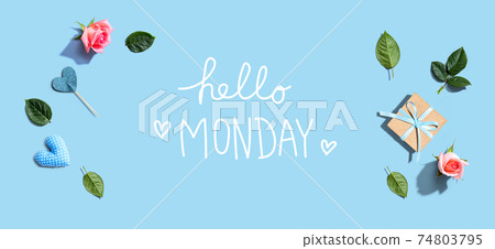 Hello Monday message with a small gift box 74803795