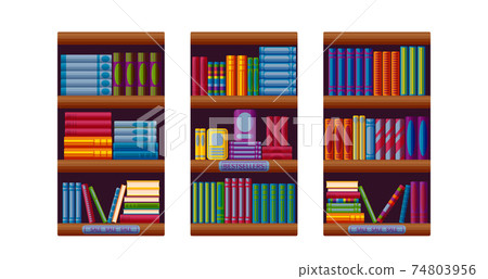 Bookshop racks with bestsellers and sale options. Set for bookstore shelves in cartoon style. Vector illustration Bookshop racks with bestsellers and sale options. Set for bookstore shelves in cartoon style. Vector illustration 74803956