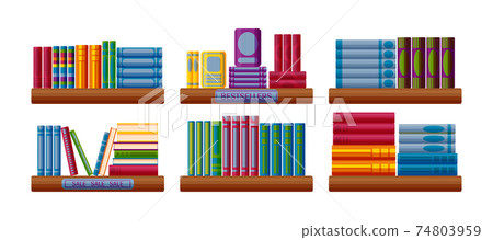 Bookshop shelves with bestsellers and sale options. Bookstore shelf in cartoon style. Vector illustration Bookshop shelves with bestsellers and sale options. Bookstore shelf in cartoon style. Vector illustration 74803959