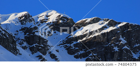 Snow covered Mountain Vorab seen from Elm, Glarus Canton. Snow covered Mountain Vorab seen from Elm, Glarus Canton. 74804375