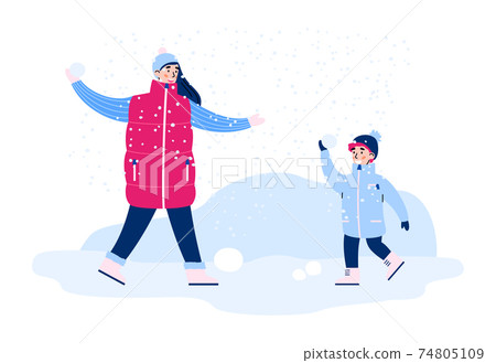 Happy fun family playing snowball fight in winter season. Happy fun family playing snowball fight in winter season. 74805109
