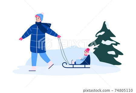 Sledding in winter season, kid girl sitting on winter sled a vector illustration Sledding in winter season, kid girl sitting on winter sled a vector illustration 74805110
