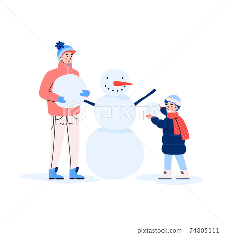 Happy family together makes snowman a vector illustration. Happy family together makes snowman a vector illustration. 74805111