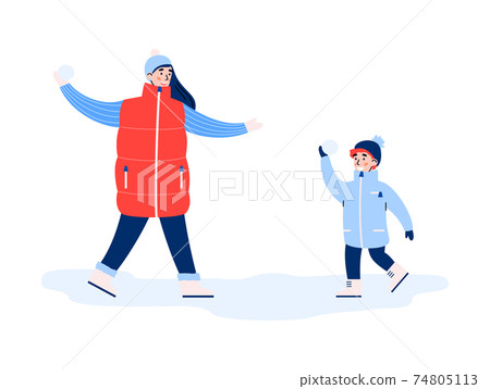 Happy family have fun playing snowball fight during winter holiday. Happy family have fun playing snowball fight during winter holiday. 74805113
