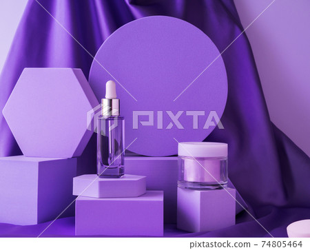 Hyaluronic acid bottle on purple background displayed on geometric shape podiums on silk background 74805464