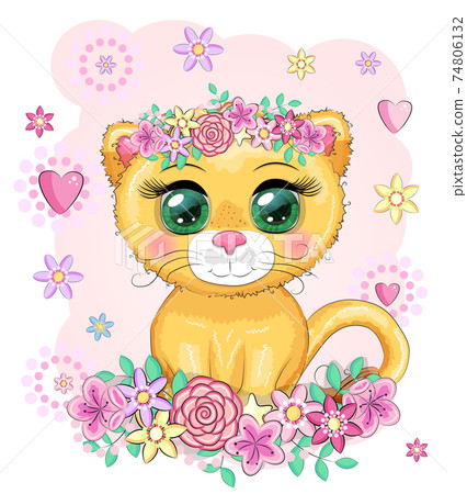 Cartoon lion with expressive eyes. Wild animals, character, childish cute style 74806132