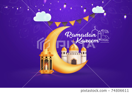 Ramadan Kareem Greetings, Moon, Mosque, Vector Background Illustration 74806611