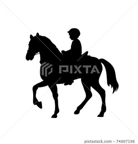 Silhouette boy rider horseback equitation. 74807198