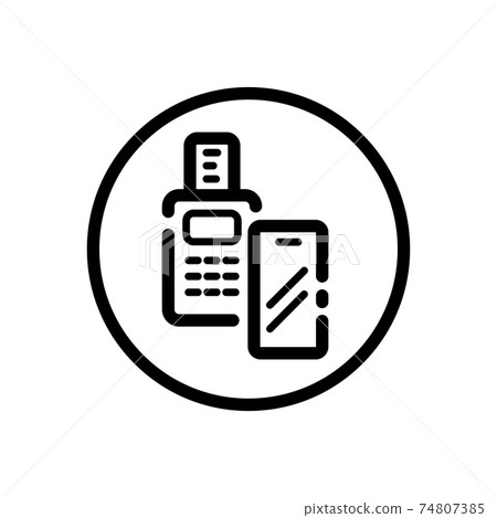 Transaction with smartphone. Shipping terminal payment. Pay with mobile. Commerce outline icon in a circle. Vector illustration Transaction with smartphone. Shipping terminal payment. Pay with mobile. Commerce outline icon in a circle. Vector illustration 74807385