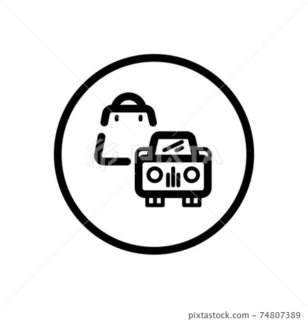 Shopping bag and car. Pick up at the store. Commerce outline icon in a circle. Vector illustration Shopping bag and car. Pick up at the store. Commerce outline icon in a circle. Vector illustration 74807389