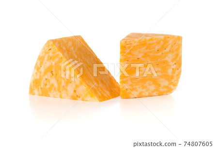 Marble cheese on a white background. Two triangles of cheese close up. Marble cheese on a white background. Two triangles of cheese close up. 74807605
