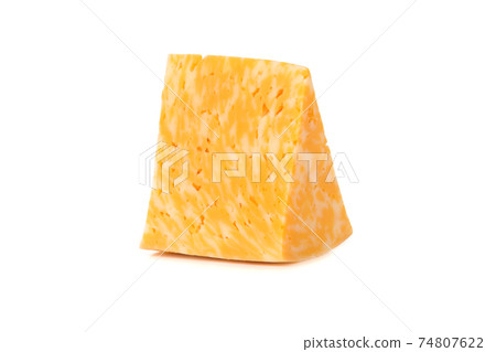 Marble cheese on a white background. Triangle of cheese close-up. 74807622