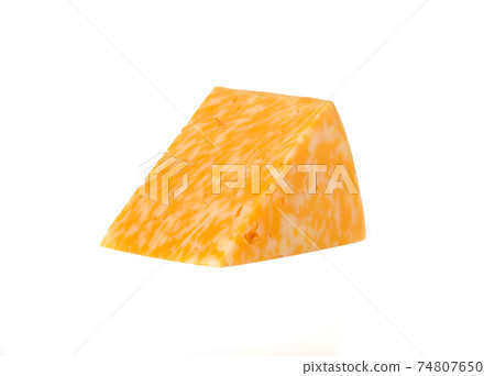 Marble cheese on a white background. Triangle of cheese close-up. 74807650